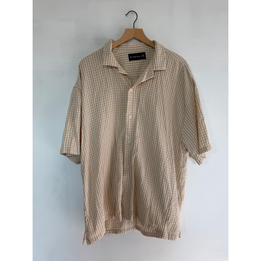 Abercrombie & Fitch Mens XXL Tan Gingham Seersucker Short Sleeve Button Up Shirt